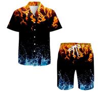 QiErDesign Camicie hawaiane da uomo casual con bottoni a maniche corte set di pantaloncini stampati spiaggia hawaii abiti, Acqua Fuoco, X-Large