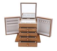 QIERF Portagioie a 5 livelli, in MDF, grande contenitore 30 x 20 x 25 cm, con 4 cassetti e specchio per anelli, orecchini e collane, marrone chiaro