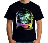QIESHEOK Space Cat Kitty Pussy Astronaut Colourful Neon Unisex 100% Cotton Short-Sleeve T-Shirts Black M