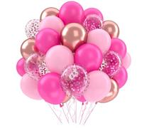 QIFU Palloncini rosa per compleanno, 52 palloncini rosa acceso metallizzato rosa chiaro con palloncini viola coriandoli per ragazze, decorazioni per feste di compleanno, matrimoni, baby shower