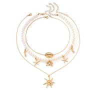 Qigfucm Set di collane a strati con perle e conchiglie dorate, collane con ciondoli a tema spiaggia con stelle marine e conchiglie, abiti estivi, gioielli da spiaggia regalo per le donne