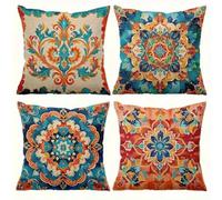 QiHon Federe Cuscini Divano 65x65 cm Set di 4 Fodere per Cuscini Decorazioni in Lino Mandala Bohémien Blu Decorativo Moderno Federa Quadrata per Divano Camera Letto da Soggiorno Cuscini da Esterno