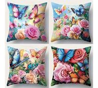 QiHon Set di 4 Federe Cuscini Divano in Lino 45x45 cm, Rose Farfalla Fodere per Cuscini Decorative Moderne con Cerniera Invisibile, Copricuscini Quadrati per Soggiorno, Camera da Letto e Ufficio