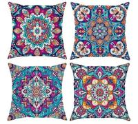 QiHon Set di 4 Fodere per Cuscini da Esterno e Interno 45x45 cm Viola Blu Bohemien Federe Cuscini Divano in Lino Decorativo Copricuscini Quadrata per Giardino, Patio, Balcone e Salotto