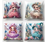QiHon Set di 4 Fodere per Cuscini da Esterno e Interno 50x50 cm Castello Cartoni Animati Federe Cuscini Divano in Lino Decorativo Copricuscini Quadrata per Giardino, Patio, Balcone e Salotto