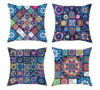 QiHon Set di 4 Fodere per Cuscini da Esterno e Interno 55x55 cm Tartan Mandala Blu Federe Cuscini Divano in Lino Decorativo Copricuscini Quadrata per Giardino, Patio, Balcone e Salotto