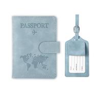 Qiimenguer Custodia per passaporto, passaporto e etichetta per bagagli in pelle PU, porta passaporto con patta RFID per passaporto, carte di credito, carte d'identità e documenti di viaggio, Azzurro