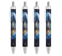 QIJIUU Blue Rose Cottage - Penna a sfera retrattile, inchiostro nero, penne da lavoro, per uomini e donne, 4 pezzi