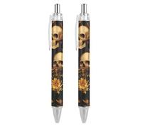 QIJIUU Skulls Yellow Flowers Penna a sfera personalizzata Fancy Funny Ball Point Penne nere Regali 2 PZ