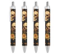 QIJIUU Skulls Yellow Flowers Penna a sfera personalizzata Fancy Funny Ball Point Penne nere Regali 4 PZ