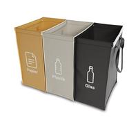 qikfresh - Sistema di raccolta differenziata 3 pezzi - Contenitori per il riciclo di vetro, carta, plastica e vuoti - Sistema salvaspazio per cucina e casa (simboli + testo)