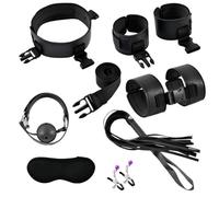 QiKKago Kit Regolabile da 8 Pezzi in Cuoio Nero Classico per Il Fitness all'Interno, Versatile, con Frusta da Allenamento E Coperchio Sonno-D2