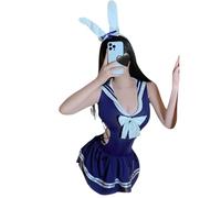 QiKKago Lingerie Sexy Donna, Camisole Caldo E Piccante Bambola Abiti Da Letto, Mini Gonna Abito, Ragazza Coniglio Blu Cosplay Arco Jumpsuit + Fascia + Cravatta + Calze Bianche - K12