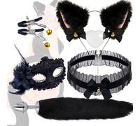 QiKKago Set di 5 Pezzi di Volpe Nera, Kit di Orecchie E Coda di Volpe in Pelliccia Sintetica con Maschera Nera E Collare A Campana per Accessori per Costumi di Carnevale-Q