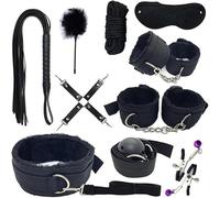 QiKKago Set Sessuale, 10 Pezzi in Nylon Nero, Set Mani E Gambe, Abito da Letto E Bastone di Piuma, Regalo per Coppia, F33