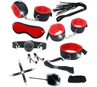 QiKKago Sex Bondage Set Set di 10 Pezzi Rosso, Alta qualità Pu Cuoio in Peluche Braccialetto, Adatto per Adulti E Coppie Articoli Sessuali, Regali Eccentrici, F7