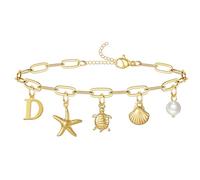 QILMILY Braccialetto da donna con ciondolo con iniziale, impermeabile, tartaruga marina, stella marina, conchiglia, braccialetto da surfista, fermaglio in oro per donne, lettera D