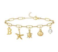 QILMILY Braccialetto da donna con ciondolo con iniziale, impermeabile, tartaruga marina, stella marina, conchiglia, braccialetto da surfista, braccialetto dorato con graffetta per le donne lettera B