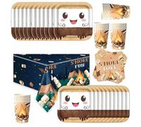QiLumier Set di articoli per feste per marshmallow arrostiti, piatti, tovaglioli, tovaglia e bicchieri inclusi, perfetto per feste di bambini e celebrazioni, per 20 ospiti