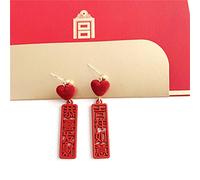 QIN Orecchini Pendenti con Smalto Rosso Multiplo Stile Cinese per Donna Orecchini Asimmetrici con Lettera di Gatto Cava in Metallo Color Oro Gioielli Vintage