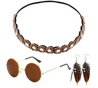 QincLing Set di 3 accessori hippie da donna, abbigliamento hippie gioielli carnevale retrò occhiali da sole rotondi boho fascia hippie orecchini piume anni '60 anni '70 costume hippie