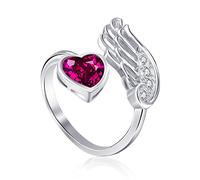 Qings Anello Donna Regolabile Rubino Birthstone Luglio Argento 925 AnellI di Nascita Pietra Aperto Piuma Ala d'angelo con Rosso Cuore Zirconi Solitario Fede Fidanzamento Anello per Ragazze