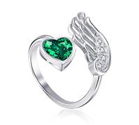 Qings Anello Donna Regolabile Smeraldo Birthstone Maggio Argento 925 AnellI di Nascita Pietra Aperto Piuma Ala d'angelo con Verde Cuore Zirconi Solitario Fede Fidanzamento Anello per Ragazze