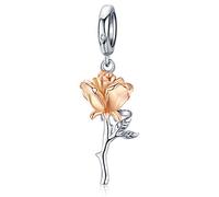 Qings Charms con Pendente Fiore Rosa in Argento Sterling 925, Ciondolo Fiore in Oro Rosa per Collana Bracciale