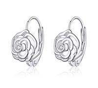 Qings Orecchini a cerchio con fiore rosa scintillante 925 sterline d'argento amo i piccoli zirconi intarsiati come regalo per donne e ragazze