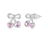 Qings Orecchini di ciliegie rosa Argento Sterling 925 Orecchini a forma di cuore con fiocco scintillante per le donne