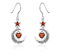 Qings Orecchini Luna con Pendenti Gennaio Granato Argento 925 Orecchini Stella e Luna crescente Celtica con Pietra di Nascita di Cuore per Donne