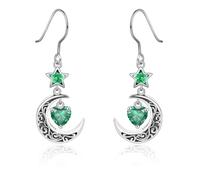 Qings Orecchini Luna con Pendenti Maggio Smeraldo Argento 925 Orecchini Stella e Luna crescente Celtica con Pietra di Nascita di Cuore per Donne