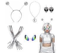 QingWing 5 Pezzi Accessori Alieni Set, Alien Costume Accessori Include Orecchini, Occhiali, Guanti, Collana e un Copricapo, per Natale e Feste a Tema, Feste in Maschera, Cosplay Alieni (Argento)