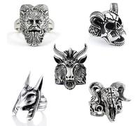 QingWing 5 Pezzi Acciaio Inossidabile stile Gotico Regolabile Anello, Teschio da Uomo Ring, Forme di Animali, Halloween Biker Anello Gioielli Vintage in Acciaio Inossidabile per Festa Halloween