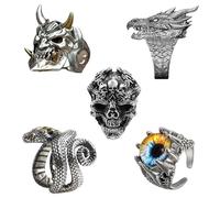 QingWing 5 Pezzi Acciaio Inossidabile stile Gotico Regolabile Anello, Teschio da Uomo Ring, Forme di Animali, Halloween Biker Anello Gioielli Vintage in Acciaio Inossidabile per Festa Halloween