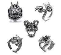 QingWing 5 Pezzi Acciaio Inossidabile stile Gotico Regolabile Anello, Teschio da Uomo Ring, Forme di Animali, Halloween Biker Anello Gioielli Vintage in Acciaio Inossidabile per Festa Halloween