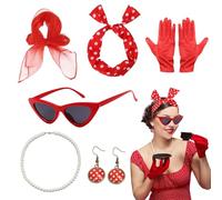 QingWing 6 Pieces Set di Accessori per Costume Anni '50 con Sciarpa di Chiffon, Guanti, Occhiali da Sole, Foulard a Pois, Orecchini, Collana, Accessori Retrò anni '50, per Feste a Tema