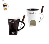 QingxingFa Set Di 2 Tazze Per Fonduta Di Cioccolato Con Forchette, Tazza Personale In Ceramica Per Fonduta Di Cioccolato Per Formaggio, Tazza Per Fonduta Di Cioccolato (Marrone+Bianco)