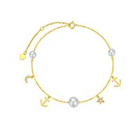 Qinhaixi 9 CT Gold Pearl Anklet, Solid Yellow Gold Moon & Star Anklet con fascino dell'ancora, per donne femminili da donna Mum Sisters, 8 "+1" +1 "