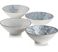 Qinlang Set di 4 Ciotole per Ramen Giapponesi, Cereali, Zuppe, Pho, Noodle - Ceramica Blu e Bianca, 20,3 cm