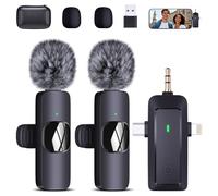 QINOJA Microfono wireless Lavalier per iPhone/cellulare/fotocamera/computer, 4 in 1, senza fili, con protezione dal vento per la registrazione video, streaming live vlog, TikTok