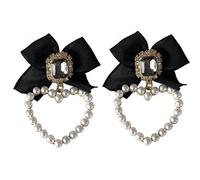 QINQIN Sweet Jewelry Orecchini con Fiocco Nero Design Orecchini Pendenti a Cuore con Perle simulate in Cristallo di Cristallo per Ragazza