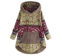 QINQNC Woman Winter Jacket Woman Winter Coat Top da donna con cappuccio e a maniche lunghe con stampa floreale in pile patchwork Fleece V Neck Top Ladies Fleece Lined Parka Coat (Green, M)