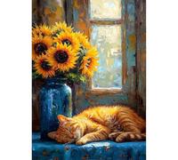 QINRUBB 5D DIY Sunflowers Diamond Painting Kits,Round Full Drill Sleeping Cat Diamond Art Painting Kits for Adults Beginners, DIY Painting by Numbers Diamond Art Kits for Home Fashion Decor 30x40cm