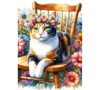 QINRUBB DIY Calico Cat Diamond Art Kit for Adults Beginners, Full Drill Cat on Stool Diamond Painting Kits, 5D Flowers Kitten Painting by Numbers DIY Craft Kits for Home Wall Decor 12x16 inch