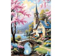 QINRUBB DIY Hut Diamond Art Kit for Adults Beginners, Full Drill Bridge River Diamond Painting Kits, 5D Fieldscape Painting by Numbers DIY Craft Kits for Home Wall Decor 12x16 inch
