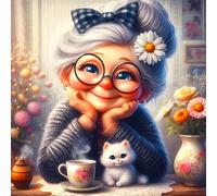 QINRUBB DIY Old Lady Diamond Painting Kits, Full Drill Cute Kitten Diamond Art Kit for Adults Beginners, 5D Coffee Painting by Numbers Cross Stitch DIY Craft Kits for Home Wall Decor 12x12 inch