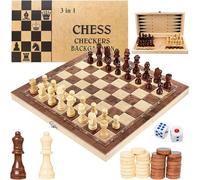 Qintora 3 in 1 Scacchiera in Legno Pieghevole con Scacchi, Dama Gioco da Tavola e Backgammon Set Portatile, Ideale per Bambini e Adulti, per Viaggi e Attività Familiari