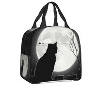 QIOEURYU Borsa per Pranzo Nero Guardando La Luna Piena Isolato per Le Donne Animale Cartone Animato Portatile Termico Cooler Bento Box per Campeggio,Picnic,Scuola,Ufficio