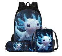 QIQISE Cool Tiger - Set di zaini per bambini da 8 a 10 anni, borsa per libri per la scuola con portapranzo, astuccio per matite, zaino per ragazzi per la scuola, leggero, 3 pezzi, Axolotl Blu, Taglia